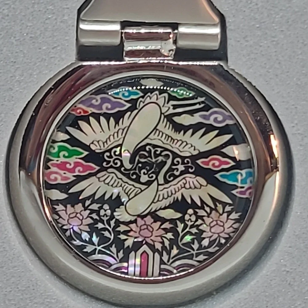 KLC Keychain Men Woman Silver Mother of Pearl Korean Crane Bird Floral Inlay Box